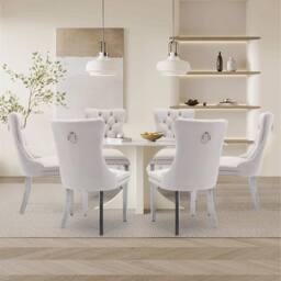 HomeTouch Winchester Set of 6 Velvet Upholstered Kitchen Dining Chairs with Sliver Chrome Legs in Beige - Size: 6 Pack - thumbnail 2