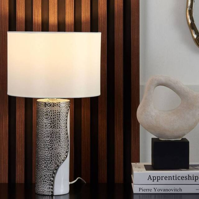 Wyld and Coco White Porcelain Pillar Table Lamp Faux Silk Drum Shade - image 1