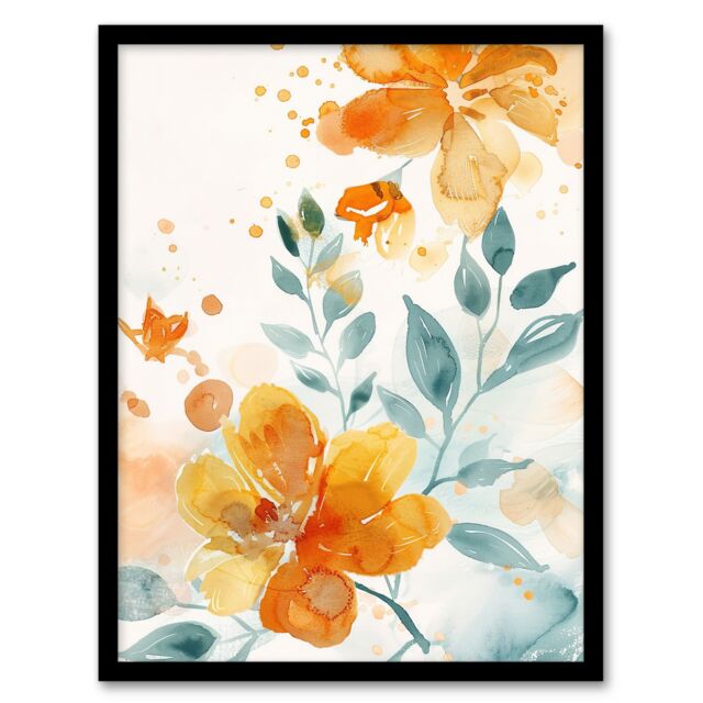"Artery8 Marigold Flowers in Bloom Modern Watercolour Framed Art Print in Orange - Size: W12"" x H16""" - image 1