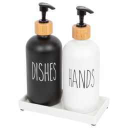 Harbour Housewares 2pc Glass Hand & Dish Soap Dispenser Set with Ceramic Tray - 500ml - White/Black in White