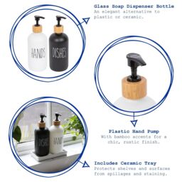 Harbour Housewares 2pc Glass Hand & Dish Soap Dispenser Set with Ceramic Tray - 500ml - White/Black in White - thumbnail 2