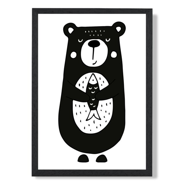 ARTZE Cute Black Bear Scandi Animal Framed Print SIZE: A2 with Black Frame - Size: A4 - image 1