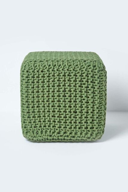 Homescapes Cube Cotton Knitted Pouffe Footstool in Dark Green - image 1