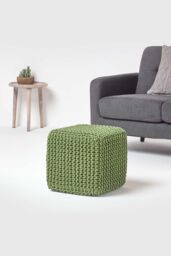 Homescapes Cube Cotton Knitted Pouffe Footstool in Dark Green - thumbnail 2