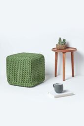 Homescapes Cube Cotton Knitted Pouffe Footstool in Dark Green - thumbnail 5