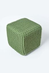 Homescapes Cube Cotton Knitted Pouffe Footstool in Dark Green - thumbnail 3