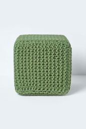 Homescapes Cube Cotton Knitted Pouffe Footstool in Dark Green - thumbnail 1