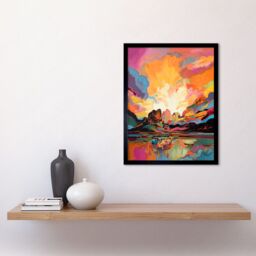 "Artery8 Wall Art Print Atmospheric Sunset Clouds Vibrant Colour Lakescape Modern Watercolour Painting Art Framed in Black - Size: W12"" x H16""" - thumbnail 2