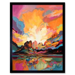 "Artery8 Wall Art Print Atmospheric Sunset Clouds Vibrant Colour Lakescape Modern Watercolour Painting Art Framed in Black - Size: W12"" x H16""" - thumbnail 1