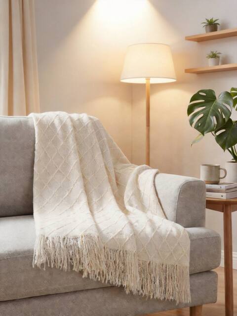 Living and Home Pattern Knitted Throw Blanket with Fringed Edges in Beige - Size: 130 cm x 170 cm - image 1