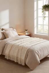 Living and Home Pattern Knitted Throw Blanket with Fringed Edges in Beige - Size: 130 cm x 170 cm - thumbnail 2