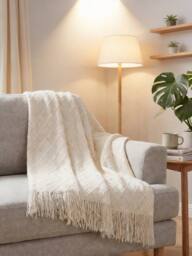Living and Home Pattern Knitted Throw Blanket with Fringed Edges in Beige - Size: 130 cm x 170 cm - thumbnail 1