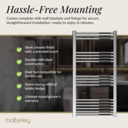 Balterley Straight Heated Towel Rail Radiator, 403W, 600 x 1100mm, Chrome in Silver - thumbnail 4