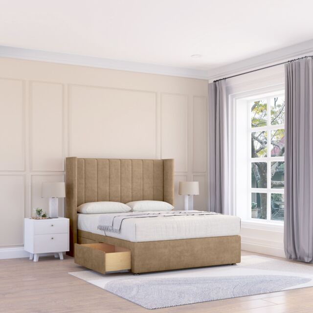 "Sloomy Falcon Naples Wingback Bed Set, 2 Drawers & 54"" Floor Standing Headboard in Light Brown - Size: Super King" - image 1