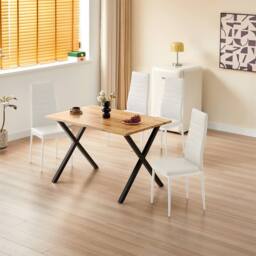 KOSY KOALA Wooden Dining Set with 4 White Padded Leather Chairs in Brown