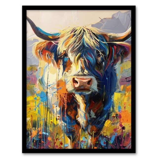 Artery8 Wall Art Print Scottish Highland Cow Hairy Coo Abstract Painting Art Framed Poster in Black - Size: A4 - image 1