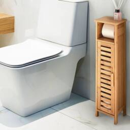 Wyld and Coco Toilet Paper Cabinet Light Brown Bamboo Wall Cabinet Shelves and Door