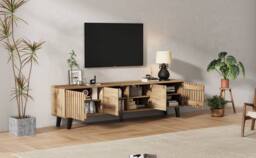 YMYNY 180cm TV Stand With 4 Doors, 8 Shelves & Open Storage in Natural - thumbnail 6