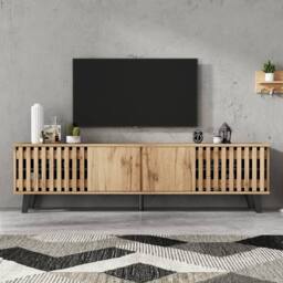 YMYNY 180cm TV Stand With 4 Doors, 8 Shelves & Open Storage in Natural - thumbnail 5