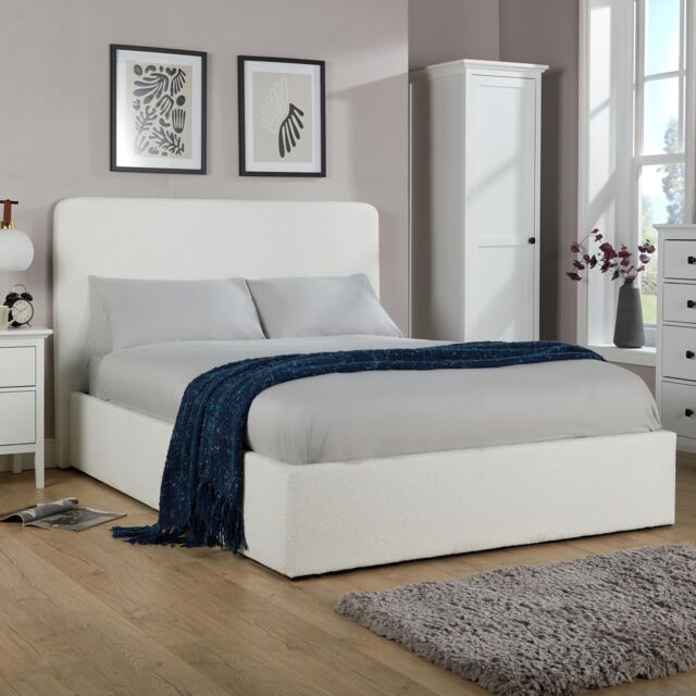 Home Source Ottoman Upholstered Storage Bed Gas Lift Cream Boucle Finish - Size: King - image 1