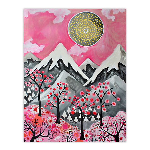 "Artery8 Folk Art Mountain Range Sunset Cherry Blossom Wall Art Print in Pink - Size: W24"" x H32""" - image 1