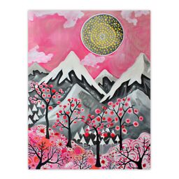 "Artery8 Folk Art Mountain Range Sunset Cherry Blossom Wall Art Print in Pink - Size: W24"" x H32""" - thumbnail 1
