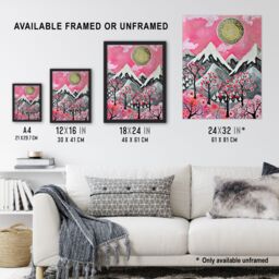 "Artery8 Folk Art Mountain Range Sunset Cherry Blossom Wall Art Print in Pink - Size: W24"" x H32""" - thumbnail 3