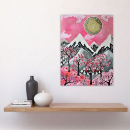 "Artery8 Folk Art Mountain Range Sunset Cherry Blossom Wall Art Print in Pink - Size: W24"" x H32""" - thumbnail 4