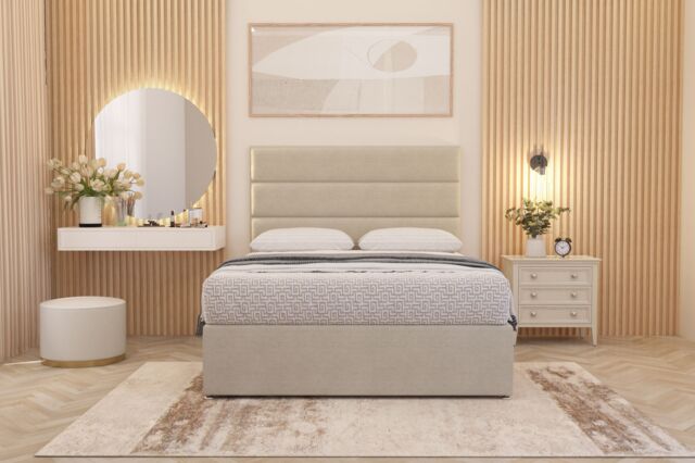 Somnior Chambery Tweed Fabric Hybrid Pocket Sprung Orthopaedic Divan Bed Set with Upholstered Headboard in Natural - Size: Super King - image 1