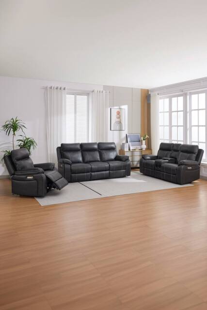 More4Homes Vinson Electric Recliner 1+2+3 Seater Air Leather Sofa Set in Charcoal - Size: Large