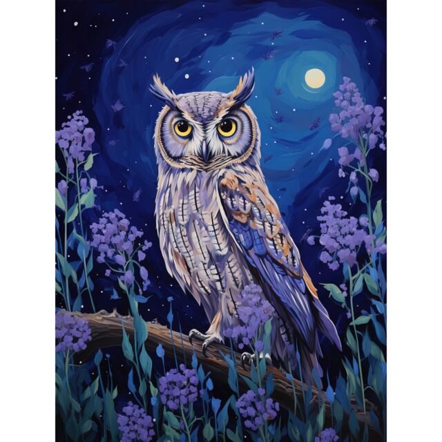 "Artery8 Wall Art Print Great Horned Owl in Lavender Field Oil Painting Blue Purple Full Moon Night in the Countryside Poster - Size: W12"" x H16""" - image 1