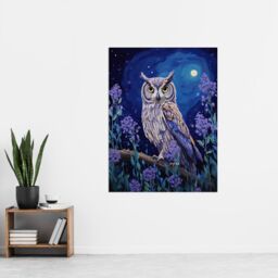 "Artery8 Wall Art Print Great Horned Owl in Lavender Field Oil Painting Blue Purple Full Moon Night in the Countryside Poster - Size: W12"" x H16""" - thumbnail 2