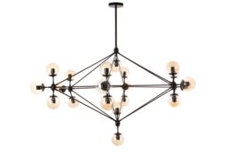 Orsina Matte Black 21 Arm Pendant Lamp, Mid Century Sputnik Style Ceiling Light With Brown Glass Globes