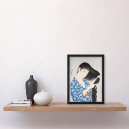 Artery8 Goyo Hashiguchi Framed Wall Art Print Woman Combing Her Hair in Blue - Size: A4 - thumbnail 2