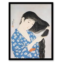 Artery8 Goyo Hashiguchi Framed Wall Art Print Woman Combing Her Hair in Blue - Size: A4 - thumbnail 1