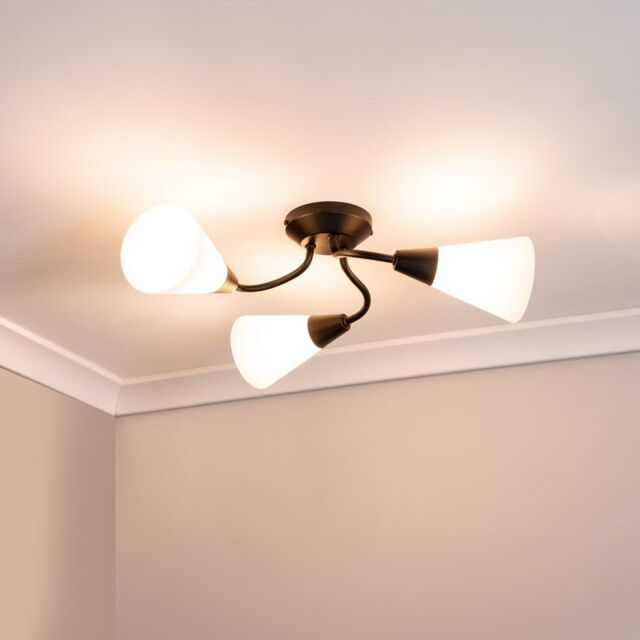 ValueLights Kristina 3 Way Metal Flush Ceiling Light with Frosted White Shades & LED Bulbs in Black - image 1