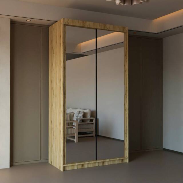 Sliding Wardrobes 4U Double Mirror Sliding Wardrobe With LED Light W90cm x H200cm x D62cm in Light Brown - image 1