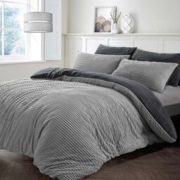 Velosso Plush Corduroy Teddy Warm & Cosy Duvet Cover & Pillowcas in Silver - Size: Super King - thumbnail 1