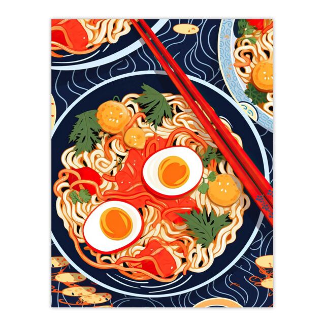 "Wee Blue Coo Wall Art Print A Riot Of Ramen Vibrant Food Painting Red Blue Orange Egg Noodle Dinner Poster - Size: W18"" x H24""" - image 1