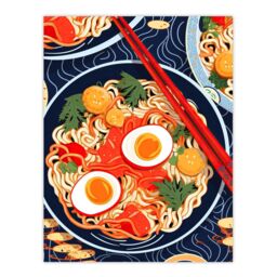 "Wee Blue Coo Wall Art Print A Riot Of Ramen Vibrant Food Painting Red Blue Orange Egg Noodle Dinner Poster - Size: W18"" x H24""" - thumbnail 1