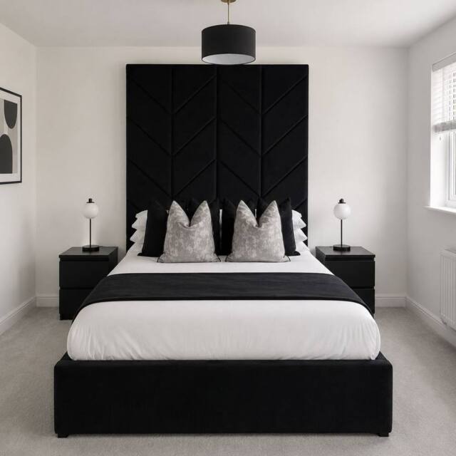 Stratus Interiors Ceasar Arrow Panel Upholstered Bed with Tall Headboard - Metal Gaslift in Black - Size: Single - image 1