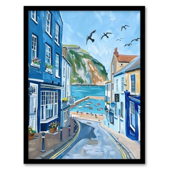 Artery8 West Bay Dorset England Sunny Day Painting Framed Art Print in Blue - Size: A4 - image 1