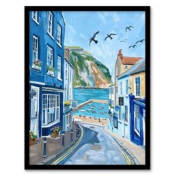 Artery8 West Bay Dorset England Sunny Day Painting Framed Art Print in Blue - Size: A4 - thumbnail 1