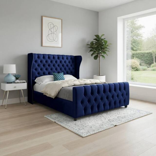 Casani Horning Straight Upholstered Blue Soft Velvet Designer Bed Frame - Size: King - image 1