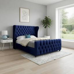 Casani Horning Straight Upholstered Blue Soft Velvet Designer Bed Frame - Size: King