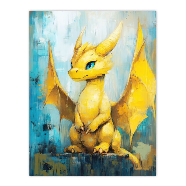 "Artery8 Cute Yellow Baby Dragon Fantasy Oil Painting Wall Art Print - Size: W18"" x H24""" - image 1