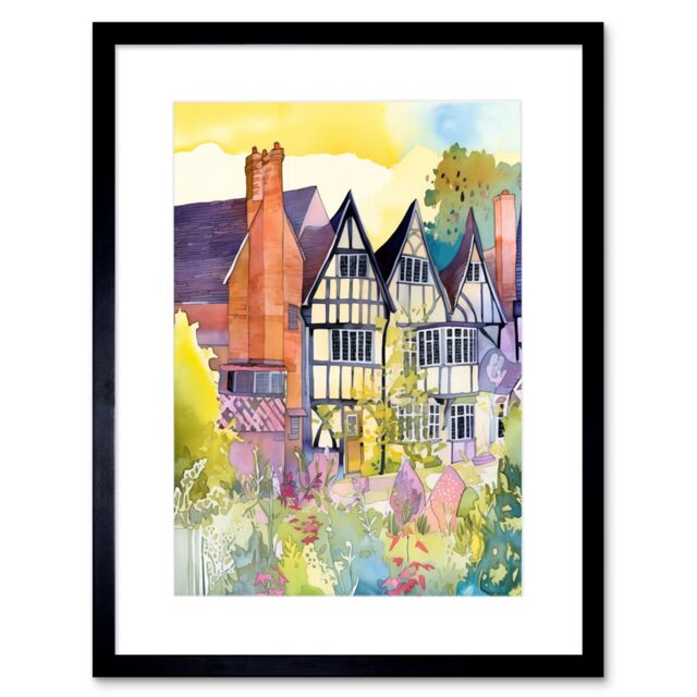 "Artery8 Wall Art Print Sunrise Over Tudor Houses & Spring Blossoms Modern Watercolour Painting Artwork Framed 9X7 Inch in Black - Size: W7"" x H9""" - image 1