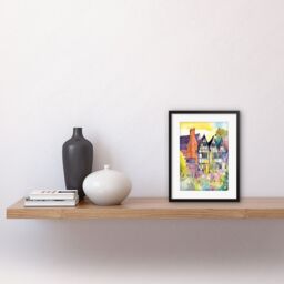"Artery8 Wall Art Print Sunrise Over Tudor Houses & Spring Blossoms Modern Watercolour Painting Artwork Framed 9X7 Inch in Black - Size: W7"" x H9""" - thumbnail 2