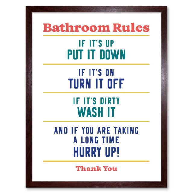 "Artery8 Wall Art Print Funny Bathroom Rules Art Toilet Rules Sign Art Framed in Brown - Size: W12"" x H16""" - image 1