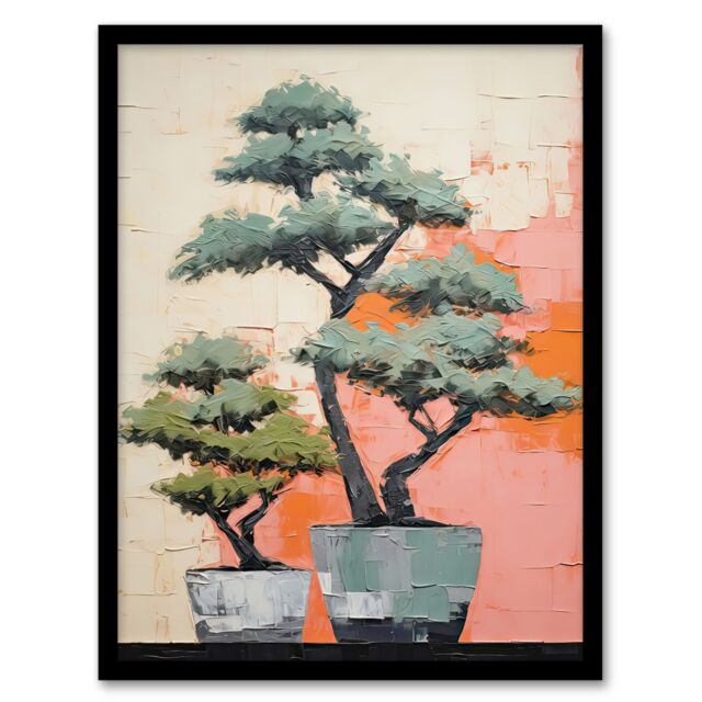 Artery8 Wall Art Print Two Japanese Bonsai Tree Plant Pots Thick Palette Knife Oil Painting Artwork Framed in Pink - Size: A4 - image 1